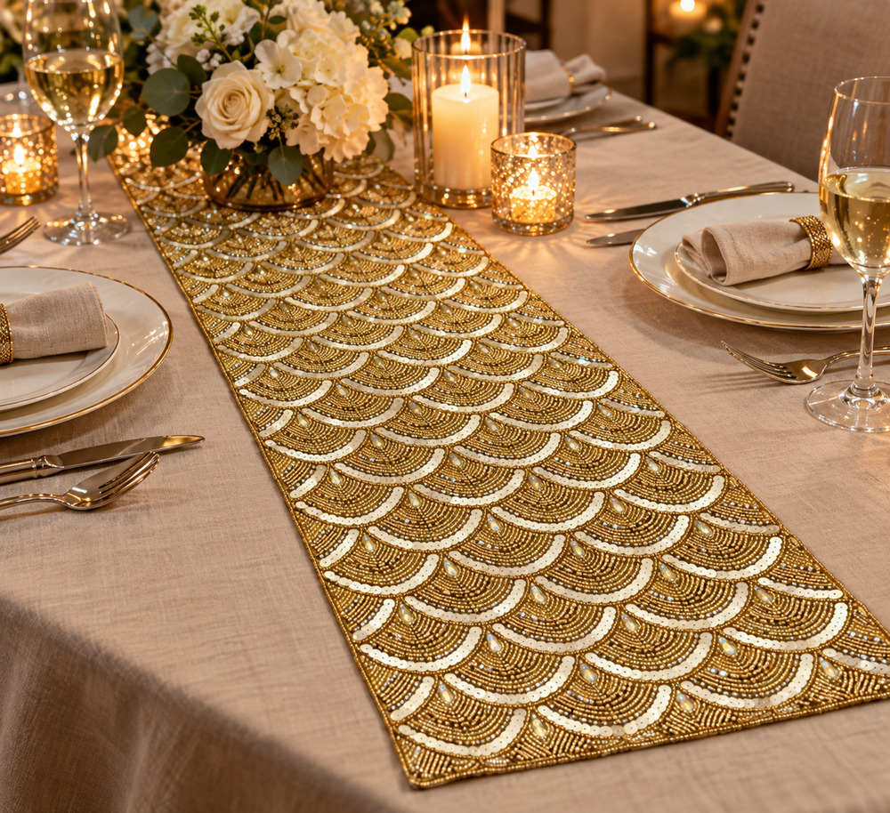 Tahari Home Gold Beaded Table Runner Centerpiece 13x36 Scallop Pattern